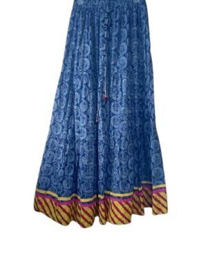 Vintage Badal Womens Maxi Skirt Blue Medallion Contrast Border Tasseled Boho S